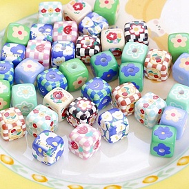 Opaque Printed Acrylic Beads, Cube with Flower