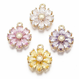 Real 18K Gold Plated Brass Micro Pave Cubic Zirconia Pendants, Nickel Free, Flower