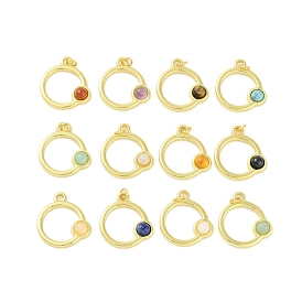 Mixed Gemstone Pendants, 304 Stainless Steel Ring Charms with Jump Rings, Real 18K Gold Plated