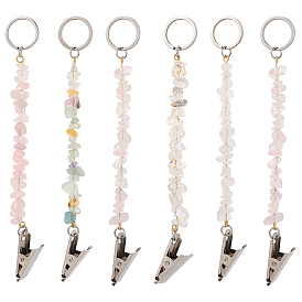 6шт. брелок из натурального розового кварца и кварцевого кристалла, с 304 кольцами из нержавеющей стали и железными зажимами