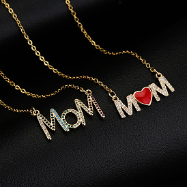 18K Gold Plated Double Chain MOM Heart Necklace with Zirconia for Mother's Day
