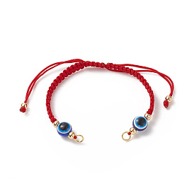 Fabrication de bracelet en fil de nylon tressé réglable, avec de la résine mauvais œil, véritables perles en laiton plaqué or et 18 anneaux en acier inoxydable