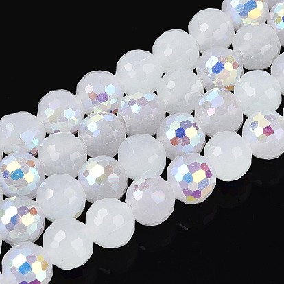 Гальванические стекляныне бусины, имитация нефрита, круглые, граненый(96 граненый), с половинным покрытием ab цвета