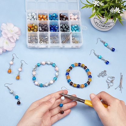SUNNYCLUE DIY Earring & Bracelets Making Kits, Including Baking Painted Glass Beads, Brass Earring Hooks, Brass & Alloy Spacer Beads, Elastic Crystal Thread, Steel Scissors and Iron Beading Needles