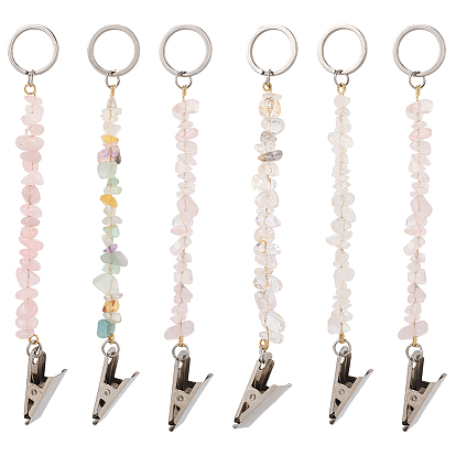6шт. брелок из натурального розового кварца и кварцевого кристалла, с 304 кольцами из нержавеющей стали и железными зажимами