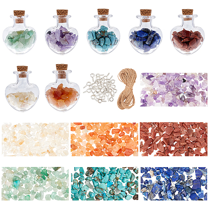 14Pcs Heart Transparent Glass Bottles, with Gemstone No Hole/Undrilled Chip Beads, 30Pcs Iron Screw Eye Pin Peg Bails, Jute Cord