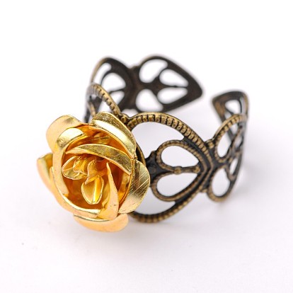 Adjustable Aluminum Rose Flower Ring, with Brass Finding, Antique Bronze, 20mm