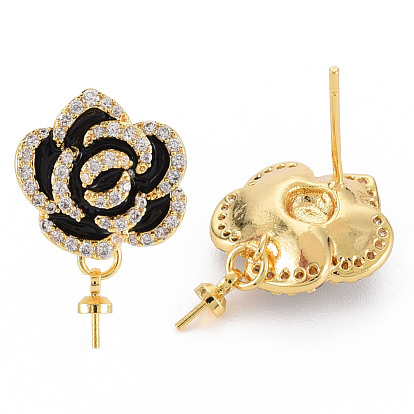 Boucles d'oreilles en laiton micro pavé de zircon cubique transparent, pour perle à moitié percée, sans nickel, avec l'émail, réel 18 k plaqué or, fleur