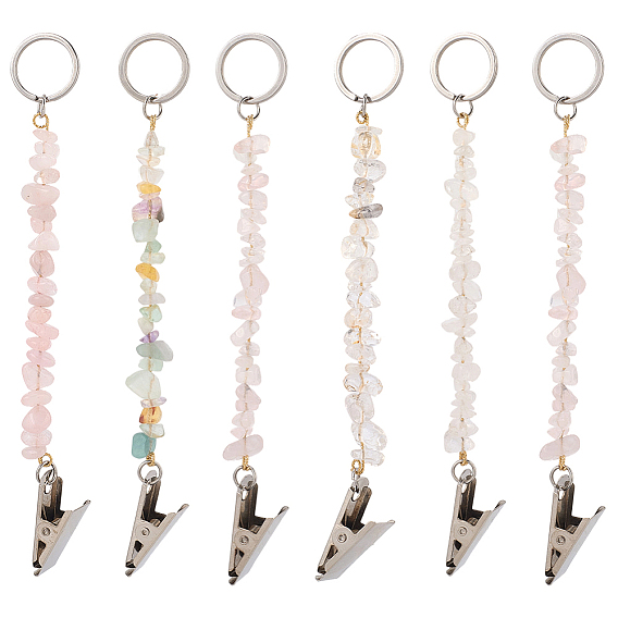 6шт. брелок из натурального розового кварца и кварцевого кристалла, с 304 кольцами из нержавеющей стали и железными зажимами
