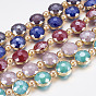 Opaque Glass Beads Strands, with Brass Findings, Pearl Luster Plated, Faceted, Flat Round