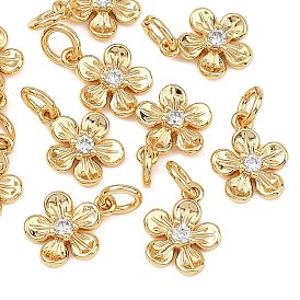 SHEGRACE Valentine's Day Brass Clear Cubic Zirconia Charms, Flower Charms, Cadmium Free & Lead Free & Nickel Free