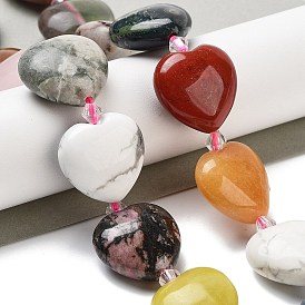 Natural Mixed Gemstone Beads Strands, Heart, with Seed Beads, Mixed Dyed and Undyed