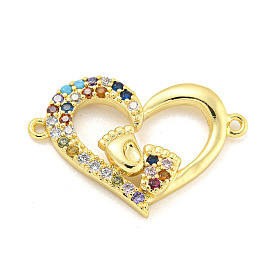 Rack Plating Brass Micro Pave Colorful Cubic Zirconia Heart with Footprint Connector Charms, Cadmium Free & Lead Free, Long-Lasting Plated