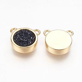 Natural Druzy Agate Pendants, with Brass Findings, Flat Round, Dyed