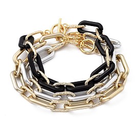Spray Painted CCB Plastic & Aluminum Paperclip Chain Bracelets Sets, with 304 Stainless Steel Toggle Clasps, Light Gold