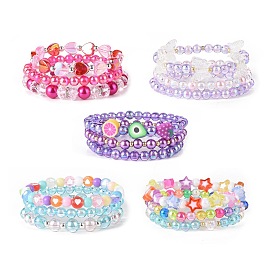 Acrylic Beads Stretch Bracelet Sets, Fruit Polymer Clay Bracelets for Girls, Heart & Butterfly & Star