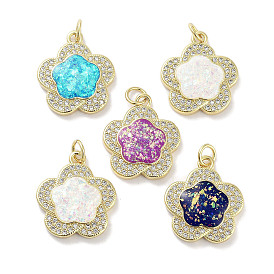 Brass Micro Pave Clear Cubic Zirconia Pendants, with Synthetic Opal, Real 18K Gold Plated, Flower Charms