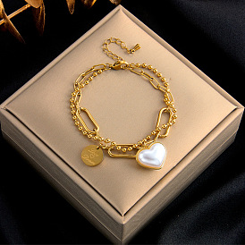 Retro Double-layer Heart Pearl Engraved Round Pendant Bracelet with Irregular Chain