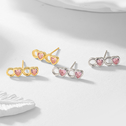 Heart Sterling Silver Pink Cubic Zirconia Stud Earrings