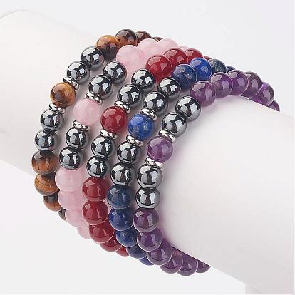Non-Magnetic Synthetic Hematite Beaded Stretch Bracelets, with Gemstone Beads