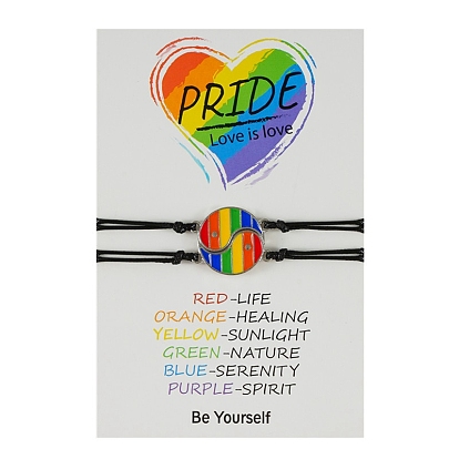 2Pcs 2 Style Rainbow Pride Flag Alloy Enamel Yin-yang Link Bracelets Set, Matching Couple Bracelets with Cords