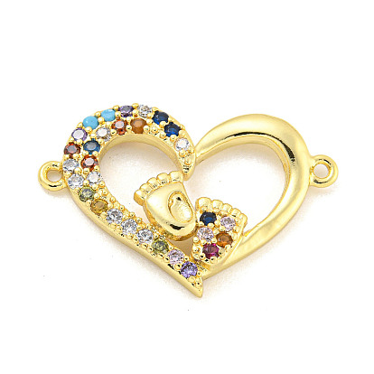 Rack Plating Brass Micro Pave Colorful Cubic Zirconia Heart with Footprint Connector Charms, Cadmium Free & Lead Free, Long-Lasting Plated
