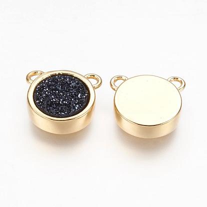 Natural Druzy Agate Pendants, with Brass Findings, Flat Round, Dyed