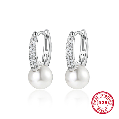Rhodium Plated 925 Sterling Silver Micro Pave Cubic Zirconia Hoop Earrings, with Natural Pearls, with 925 Stamp