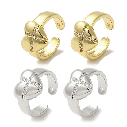 Rack Plating Brass Micro Pave Clear Cubic Zirconia Heart with Cross Cuff Earrings for Women, Cadmium Free & Lead Free, Long-Lasting Plated