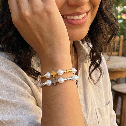 Религиозные браслеты из латуни, железа и бусин из искусственного жемчуга для женщин., крест и круглый