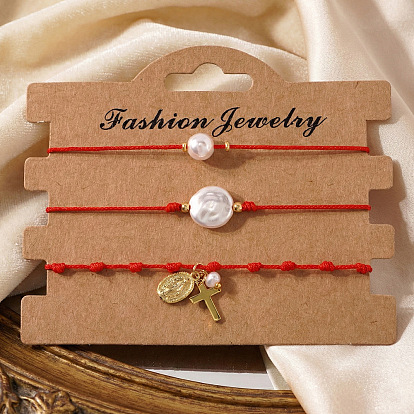 Браслеты с имитацией жемчуга и латунными подвесками, плетеные браслеты из нейлоновой нити для женщин, крест и девственница