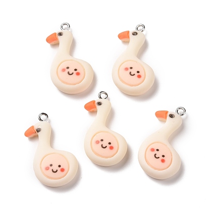 Opaque Resin Pendants, with Platinum Tone Iron Loops, Goose with Smilling Face