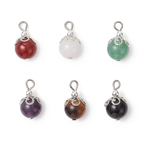 6 шт. 6 стили натуральный черный оникс и сердолик и тигровый глаз и зеленый авантюрин и белый нефрит круглые подвески, с железной фурнитурой, платина, смешанные окрашенные и неокрашенные
