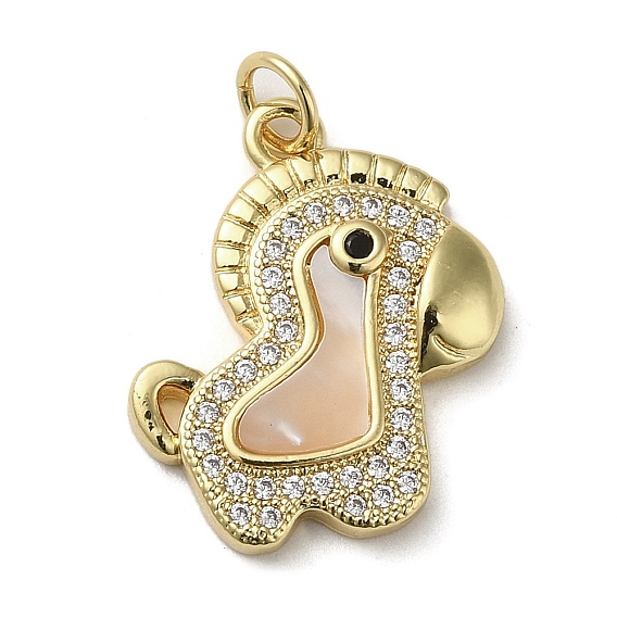 Brass Micro Pave Cubic Zirconia Pendants, Cadmium Free & Lead Free, with Shell, Horse