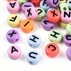 Opaque Acrylic Beads, Flat Round with Black Letter