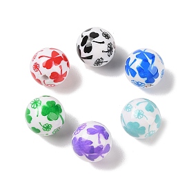 10Pcs Opaque Printed Acrylic Beads, Clover Straight Hole Round Beads