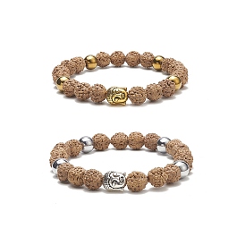 2 pcs 2 couleur bois naturel & synthétique hématite & alliage tête bouddhiste perlé bracelets extensibles ensemble pour femme