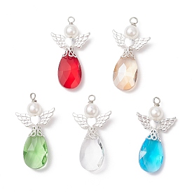 Кулоны из граненого стекла, ангел, с круглыми бусинами из искусственного жемчуга из АБС-пластика, бусинами Angeltee из сплава и петлей