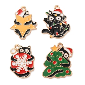 Christmas Theme Alloy Enamel Pendants, Light Gold, Cat Charm