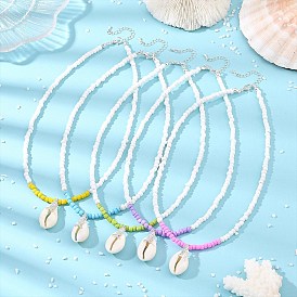 Collares de cuentas de vidrio con colgante de espina de pescado y concha de cauri natural y aleación, ideales para la playa de verano., el color plateado de plata