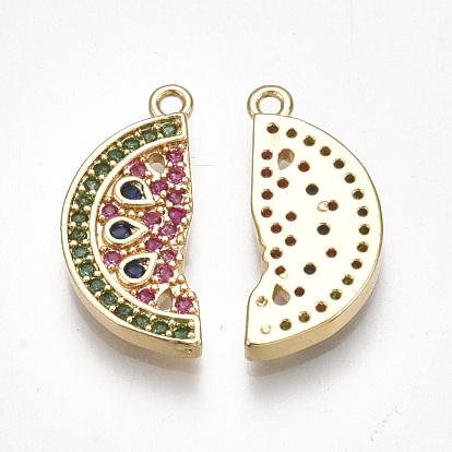 Brass Cubic Zirconia Pendants, Watermelon, Colorful, Real 18K Gold Plated
