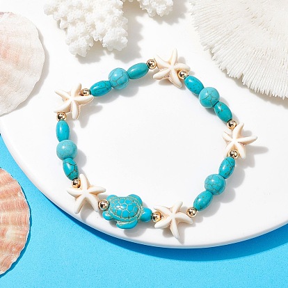 Turtle & Starfish Synthetic Turquoise Beaded Stretch Bracelet