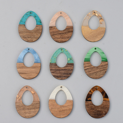 Resin & Walnut Wood Pendants, Teardrop, Mixed Color