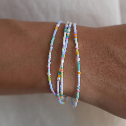 Многониточные браслеты из стеклянного бисера, эластичные браслеты для женщин, колонка, с круглой имитацией жемчуга