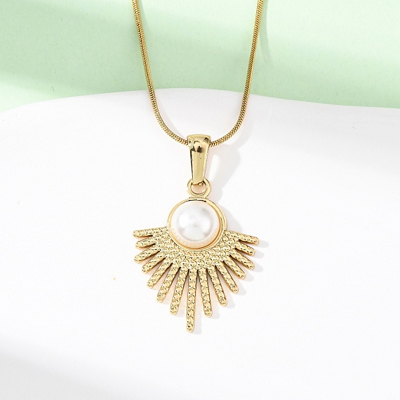 304 Женские ожерелья-змеи с подвеской-веером из нержавеющей стали и искусственного акрилового жемчуга, белые, ионное покрытие (ip)