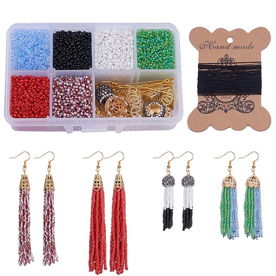 DIY Tassel Earring Making, with Glass Seed Bead, Cardboard Display Card, Iron Sewing Needles, Brass Earring Hook, Brass Eye Pin and Metal Beads