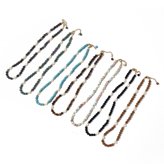 Gemstone & Glass Beaded Necklaces, with Natural Pearl and 304 Stainless Steel Findings