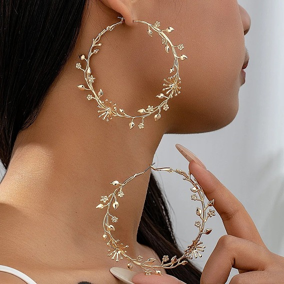 Pendientes de aro grandes de aleación con forma de rama y flor para mujer