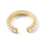 Plastic Pearl Beaded Open Cuff Ring, Rack Plating Brass Jewelry for Women, Cadmium Free & Lead Free