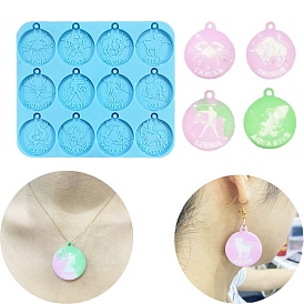 12 Constellations Flat Round DIY Pendant Silicone Molds, Resin Casting Molds, for UV Resin & Epoxy Resin Jewelry Making